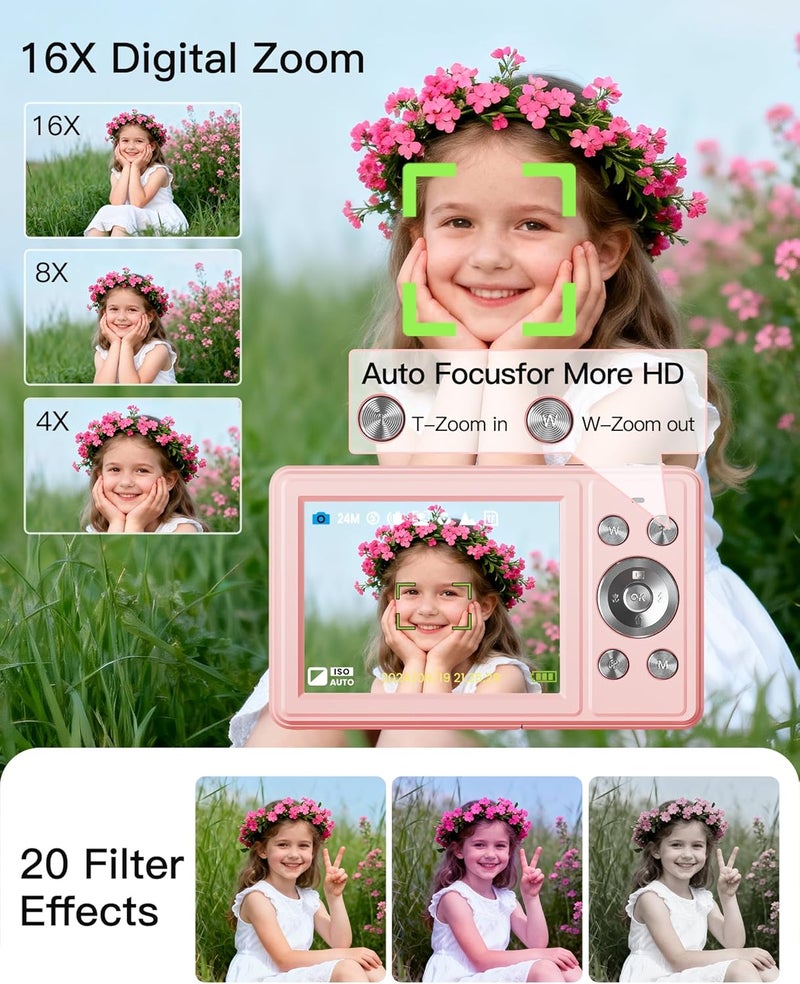 WONNIE كاميرا رقمية، كاميرا تصوير فوري FHD 1080P مع بطاقة SD سعة 32GB، 2 بطاريات، زوم 16X، مضادة للاهتزاز، تصميم صغير مدمج للأطفال والمراهقين والطلاب والفتيات والفتيان (وردي) - Image 5